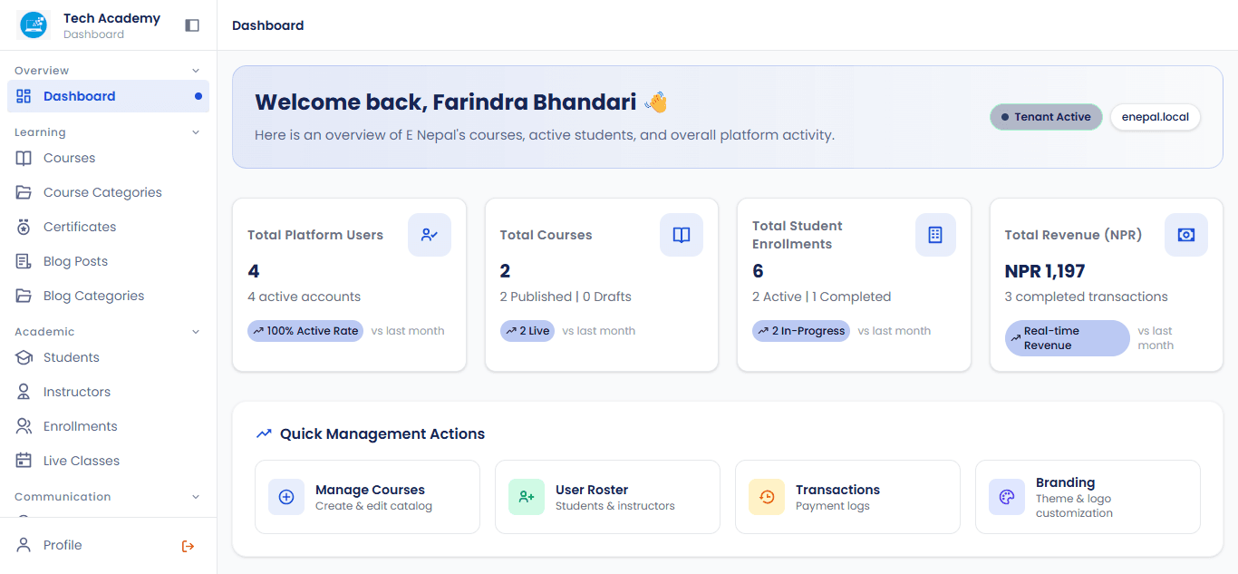 LMS Tenant Dashboard - Real Management Interface